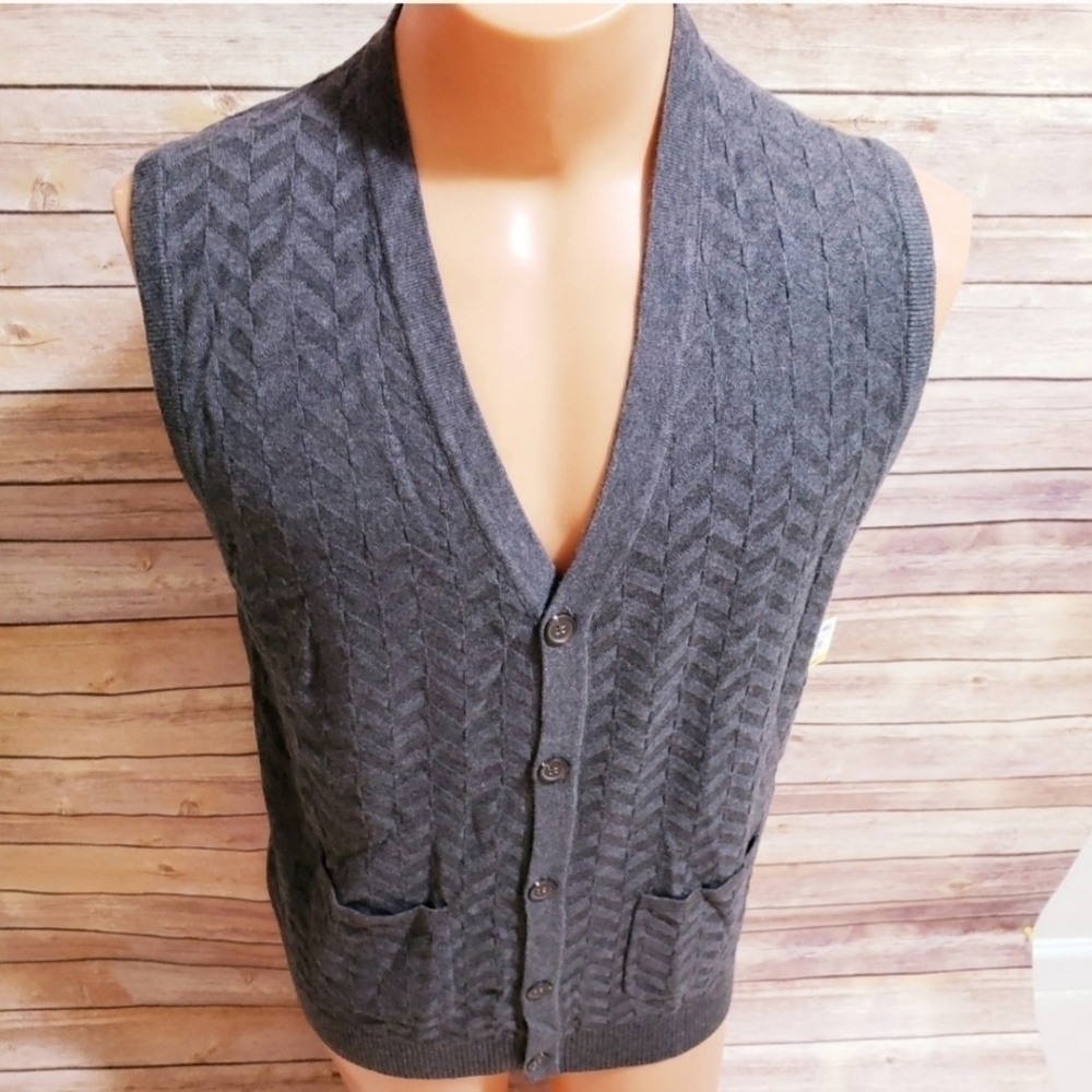 Tasso Elba Dark Gray Button Sweater Vest Men's Large L 100% Cotton Fall Winter